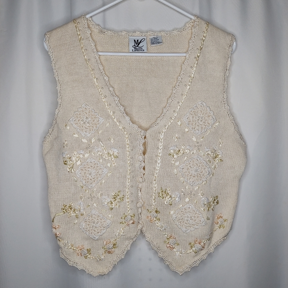 Vtg Knit‎ Vest Large Pearl Beaded Embroidered Rossette Vneck Cream Ramie Maggie